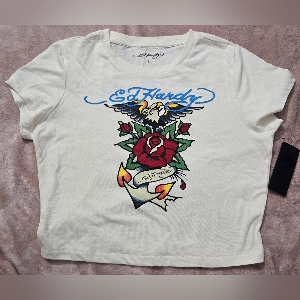 Ed Hardy  Eagle Rose Slim-Fit Graphic Tee Crop Ivory Size Large